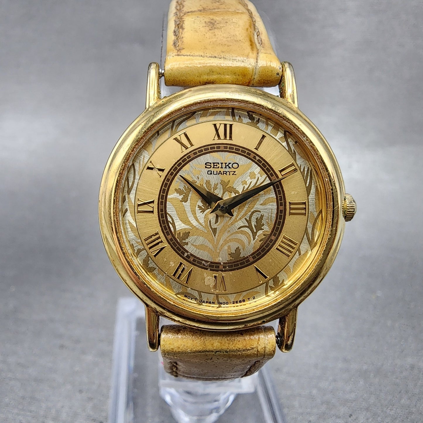 Seiko Watch Women 26mm Gold Floral Dial Gold Tone Round 1n000d59 New Battery0