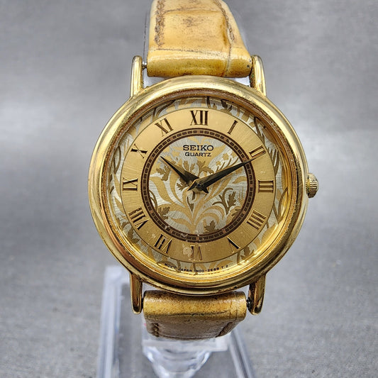 Seiko Watch Women 26mm Gold Floral Dial Gold Tone Round 1n000d59 New Battery0