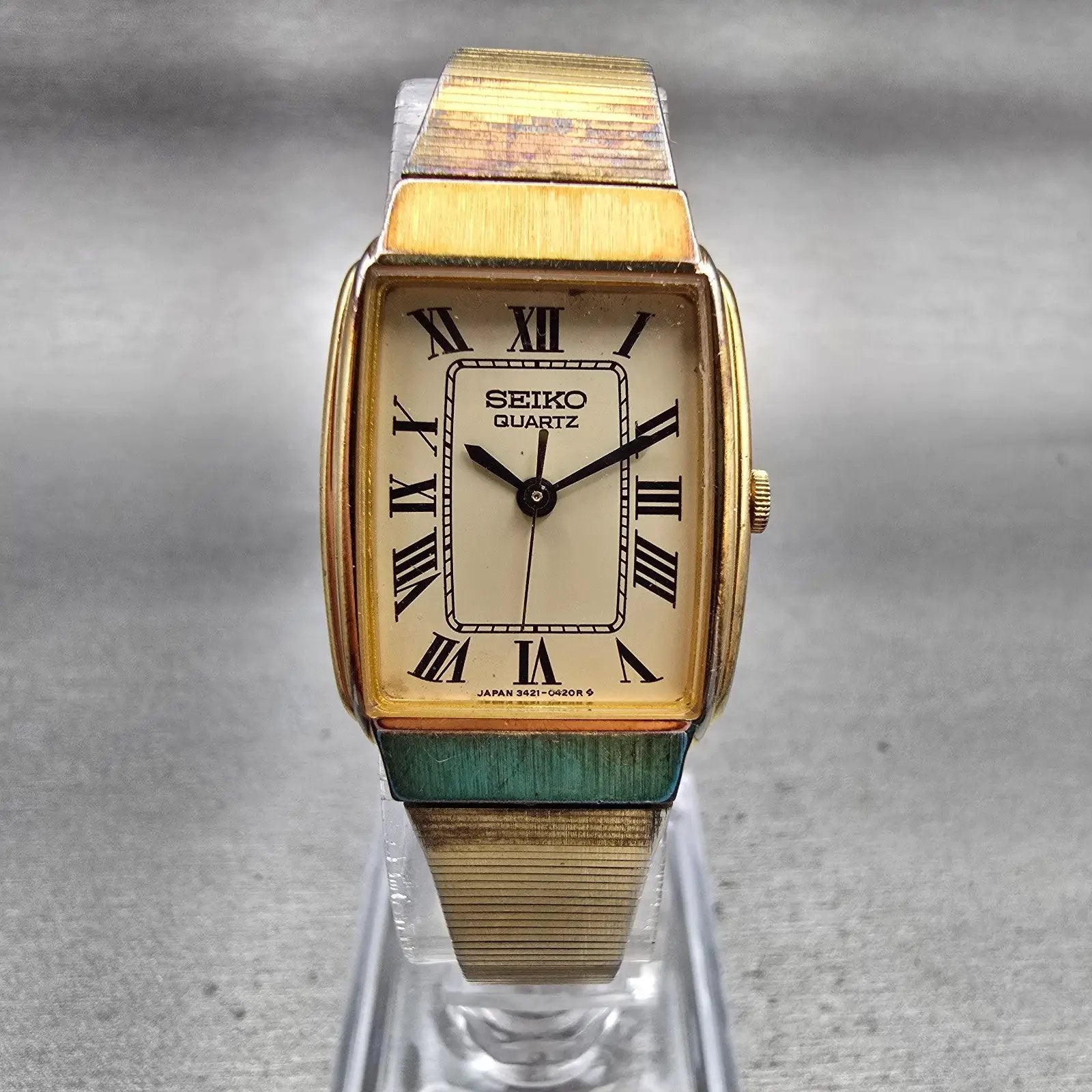 Seiko Tank Watch Women 20mm Champagne Dial Gold Tone Rectangle 3421-5170 New Bat0