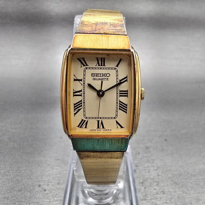 Seiko Tank Watch Women 20mm Champagne Dial Gold Tone Rectangle 3421-5170 New Bat0