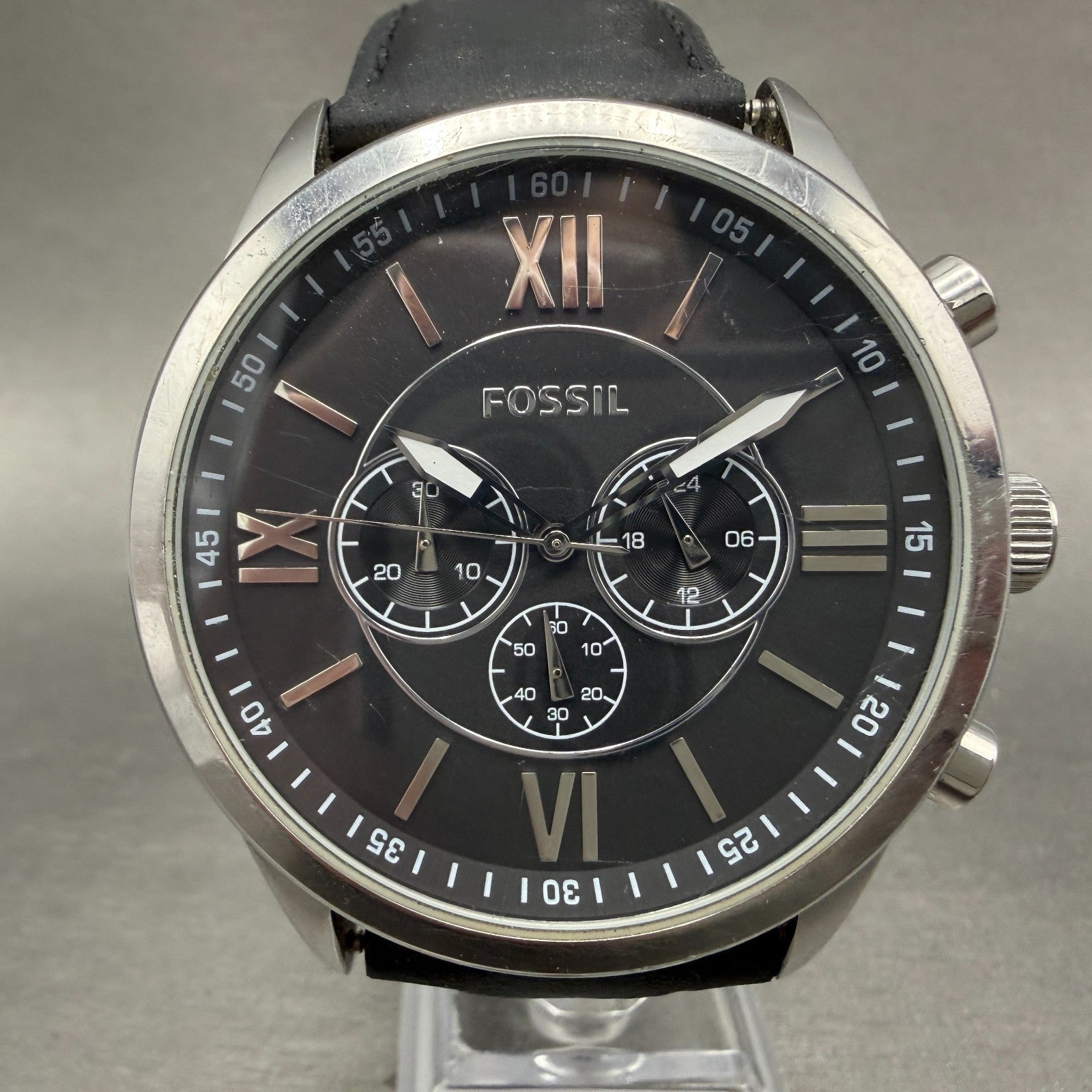 Fossil Flynn Chronograph Watch Men 48mm Black Dial Silver Tone BQ1130 NewBattery0