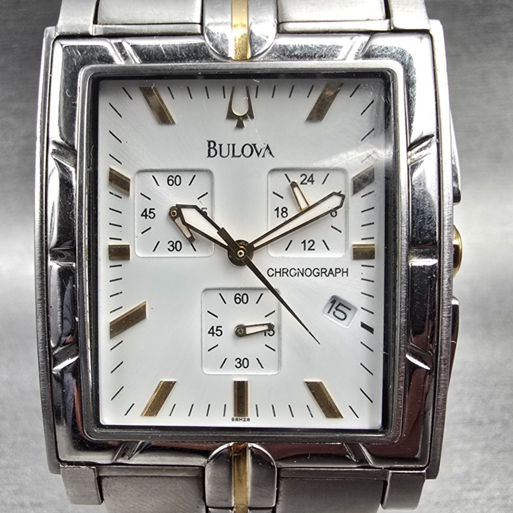 Bulova Chronograph Watch Men 32mm White Dial Two Tone Date 98H28 New Battery1