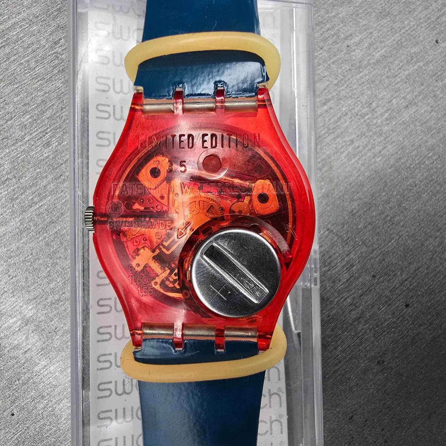 Swatch Gent Roboboy Watch Men 34m Blue Dial Red Case Round GR135 New Battery VTG4