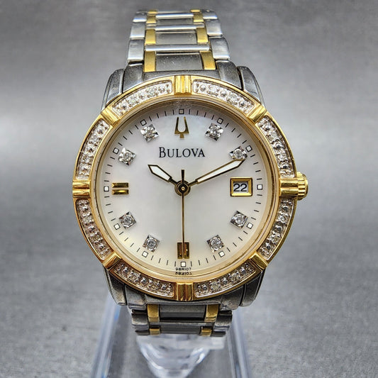 Bulova Watch Women 26mm White Dial Two Tone Date diamond Bezel 98r107 New Batt0