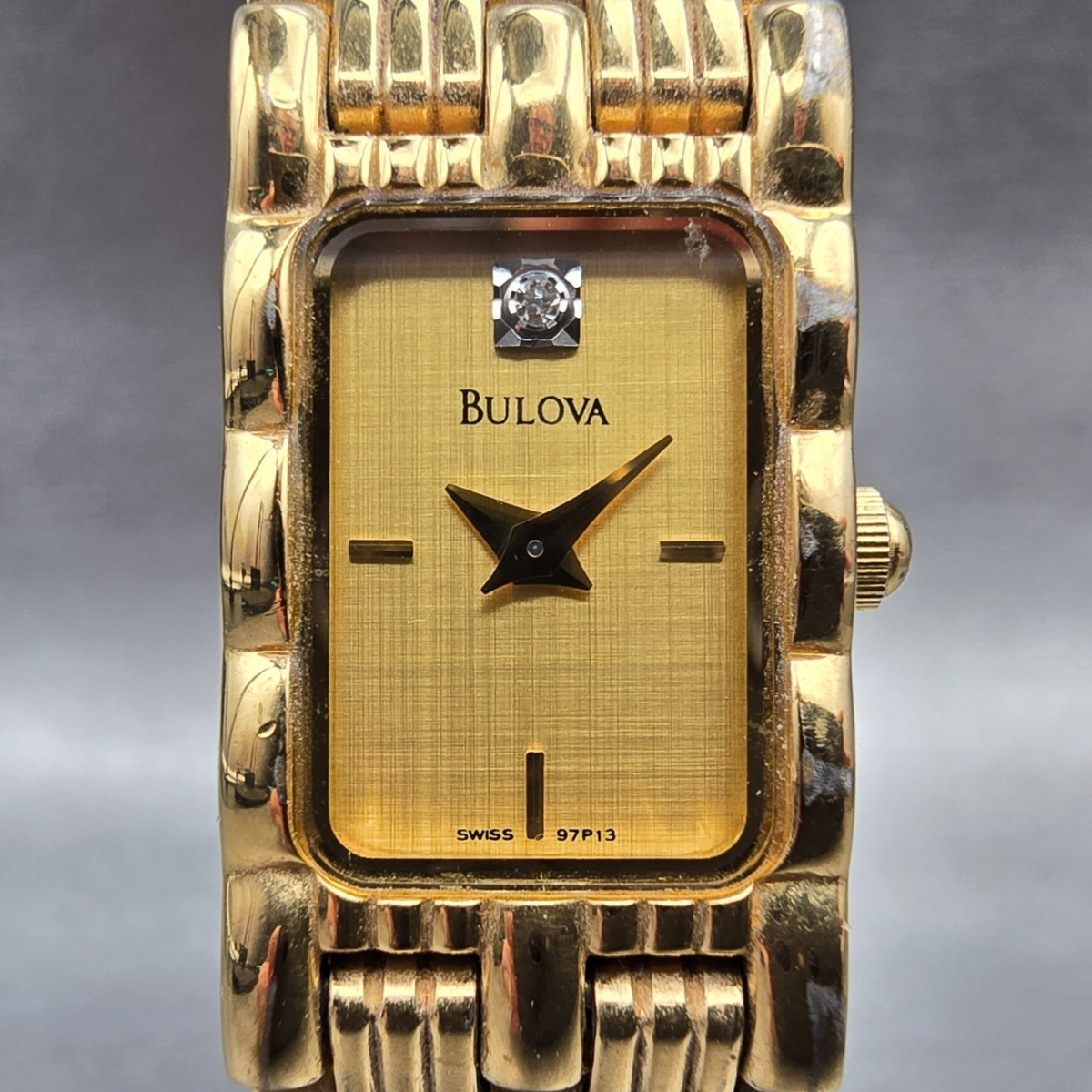 Bulova Tank Watch Women 14mm Gold Dial Gold Tone Rectangle 97P13 New Battery1