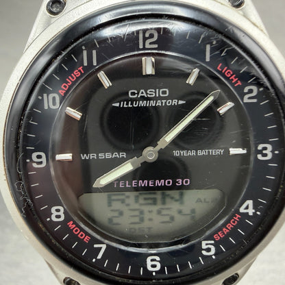 Casio Telememo 30 Watch Men 40mm Black Dial Plastic Analog Digital AW-80 NewBatt1