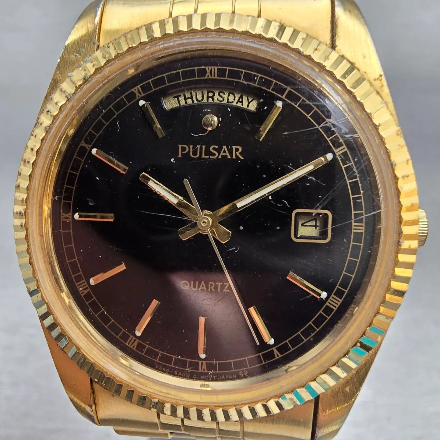 Seiko Pulsar President Watch Men 35mm Black Dial Gold Tone Daydate New Battery1