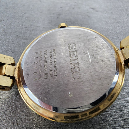 Seiko Solar Watch Women 27mm MOP Dial Gold Tone Round V115-0BM0 Runs