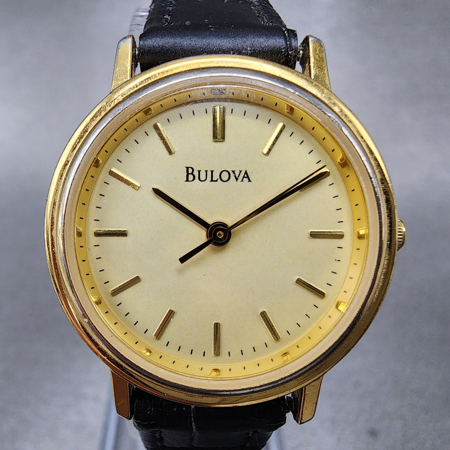VTG Bulova Watch Women 26mm Gold Dial Gold Tone Round Leather Band New Battery1