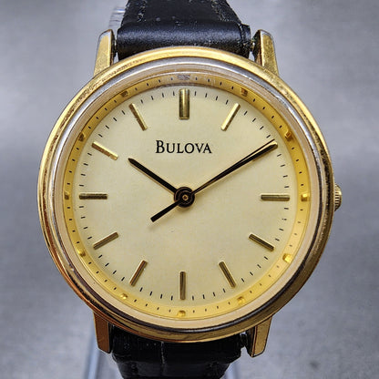 VTG Bulova Watch Women 26mm Gold Dial Gold Tone Round Leather Band New Battery1