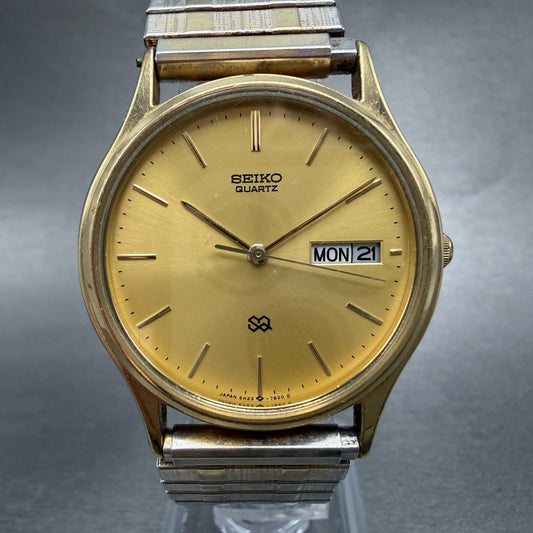 Seiko SQ watch Men 33mm Champagne Dial Gold Tone Daydate 5H23-7B00 New Battery0