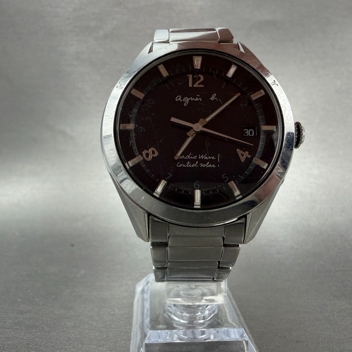 Seiko Agnes B Solar Watch Men 42mm Black Dial Steel Date Round Runs 7B52-0AJ05