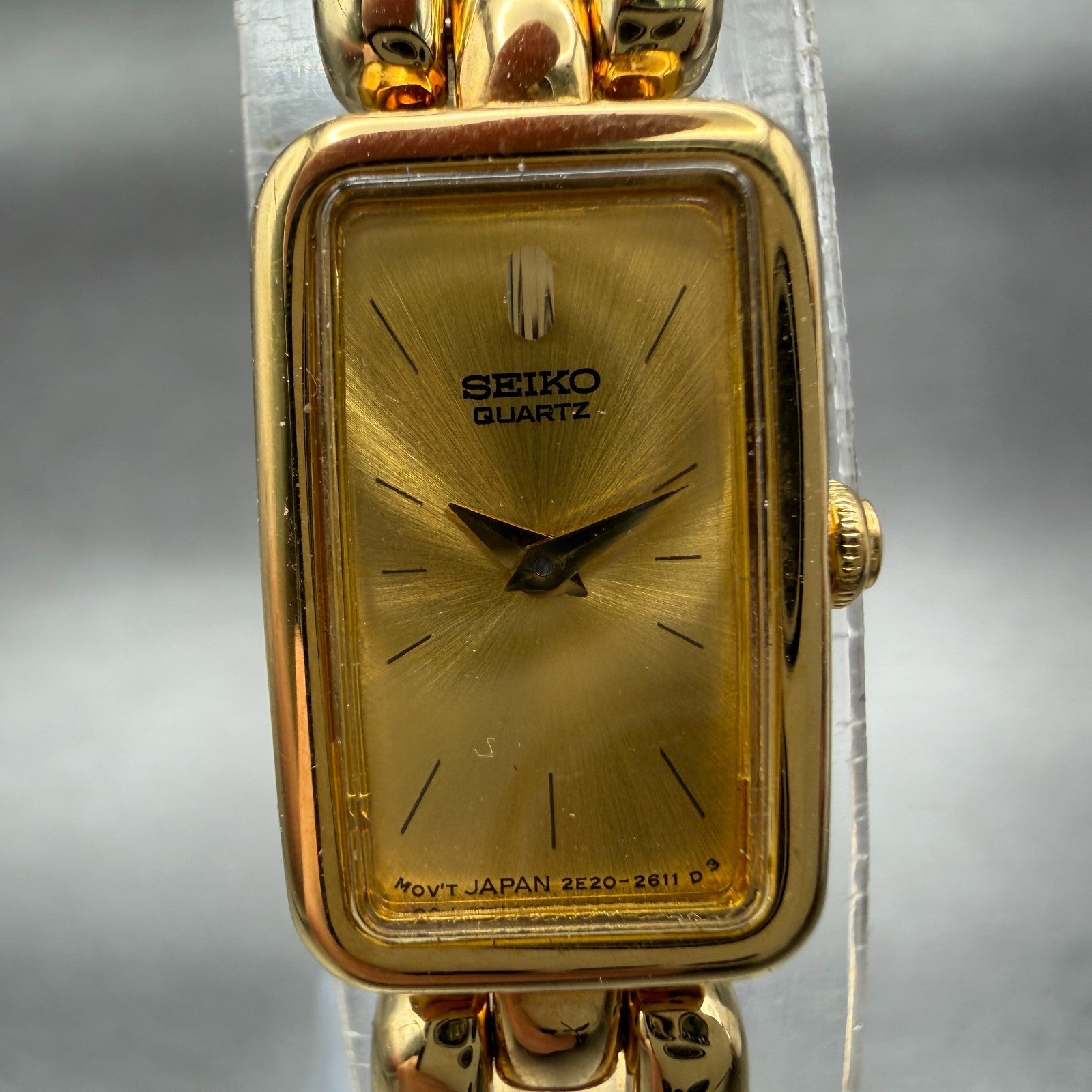 Seiko Tank Watch Women 13mm Champagne Dial Gold Tone Rectangle 2E207108 New Bat1