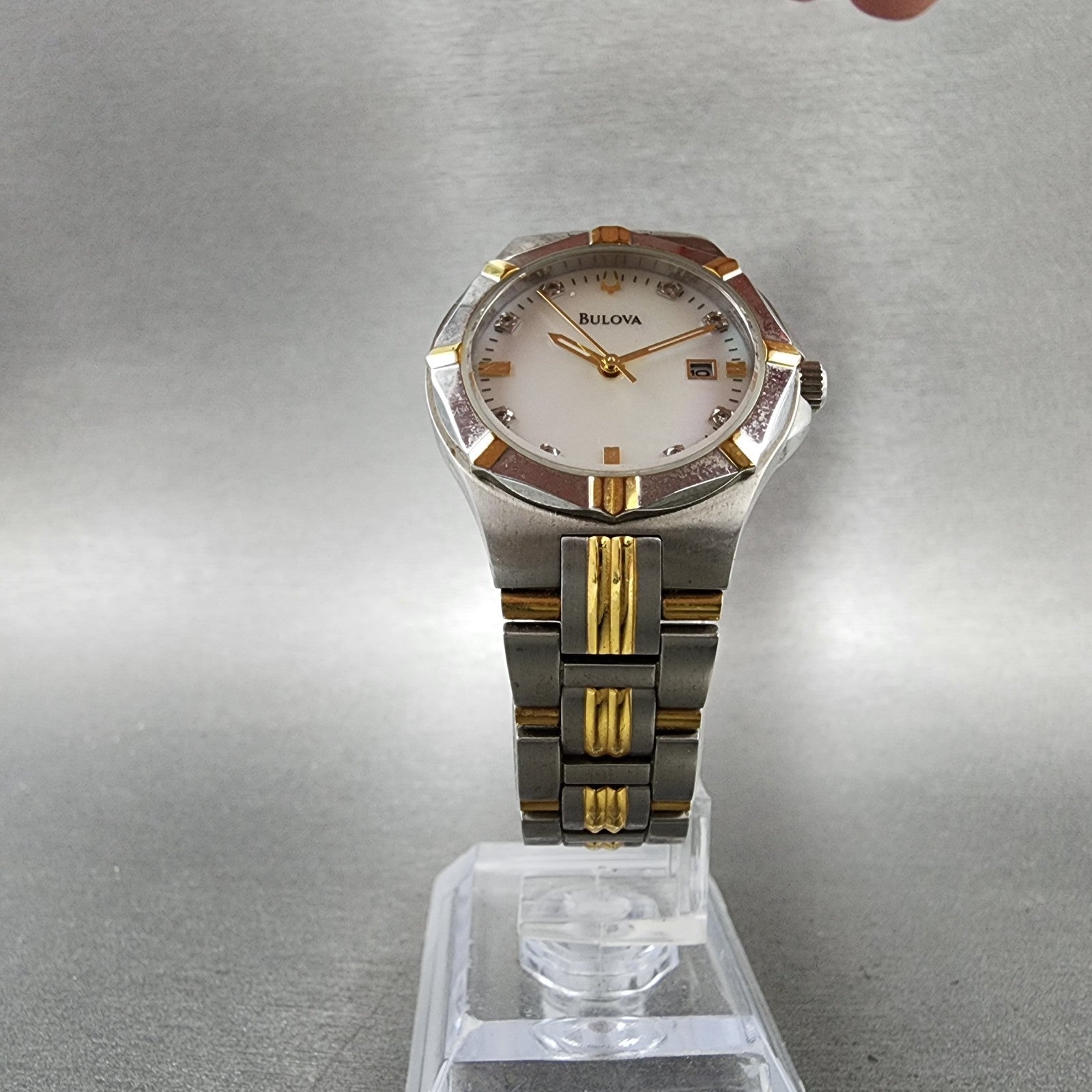 Bulova Watch Women 29mm MOP Dial Two Tone Date Round 98P116 New Battery5