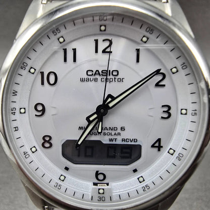 Casio Wave Ceptor Watch Men 42mm White Dial Steel Solar Analog Digital Works KFT1