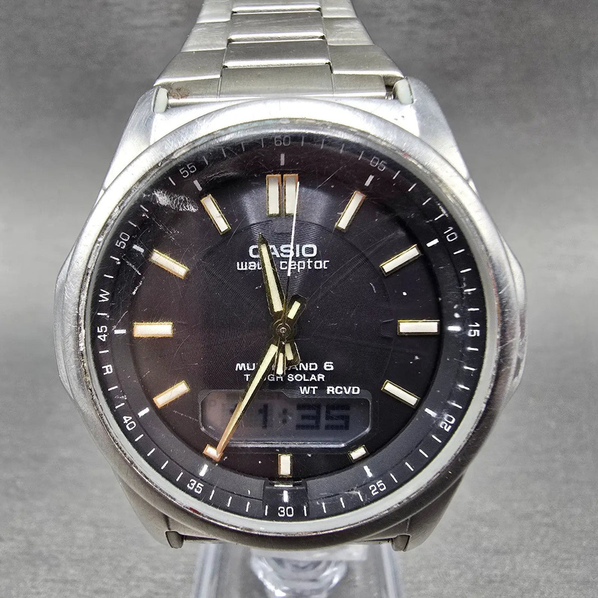Casio Wave Ceptor Watch Men 42mm Black Dial Steel Solar Analog Digital Works JPl0
