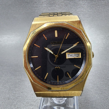 Seiko SQ Watch Men 33mm Blue Dial Gold Tone Daydate Round 5Y23-6A39 New Batery