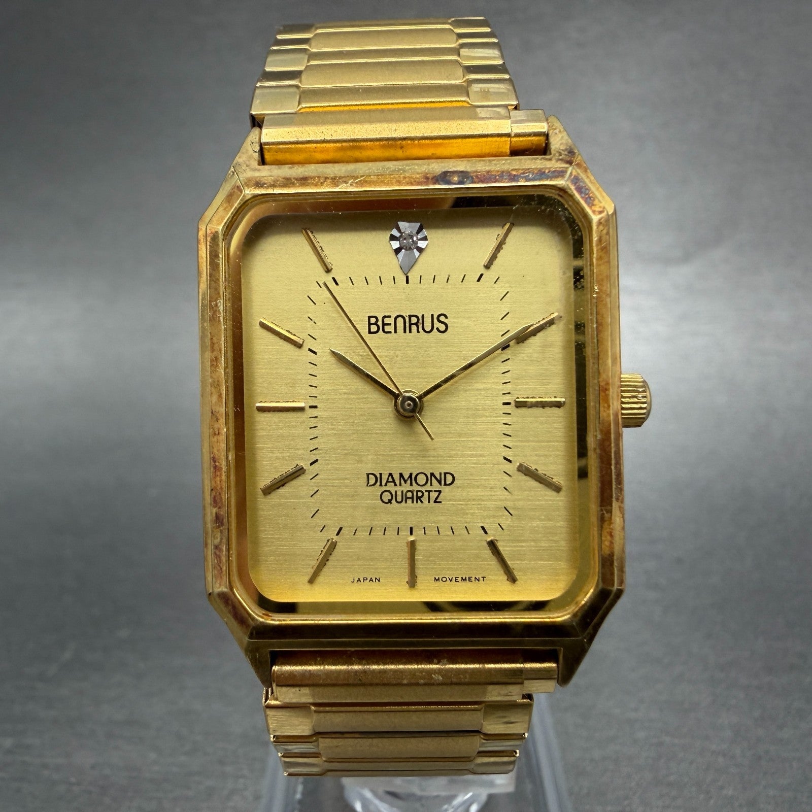 Benrus Tank Watch Men 26mm Gold Dial Gold Tone Octagon New Battery VTG0