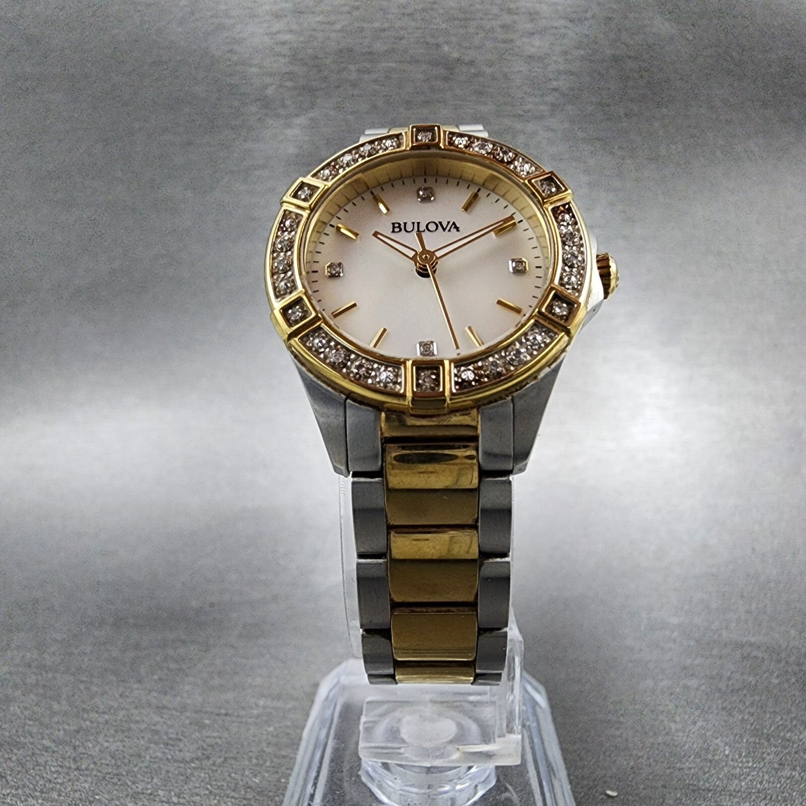 Bulova Crystal Watch Women 28mm MOP Dial Two Tone Round 98R236 New Battery5
