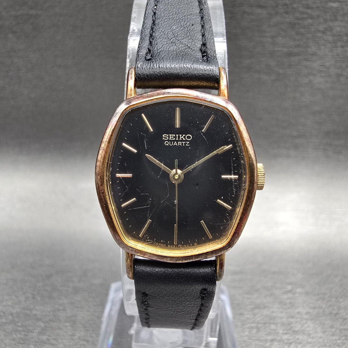 Seiko Watch Women 21mm Black Dial Gold Tone Oval 5421-5050 New Battery Vintage0