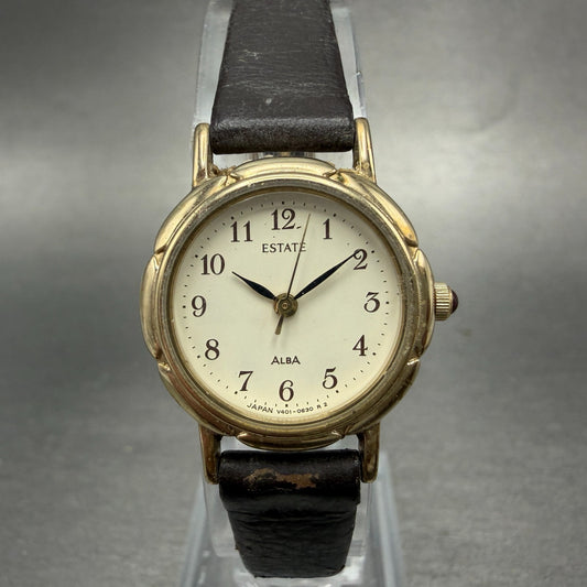 Seiko Alba Estate Watch Women 23mm White Dial Gold Tone V401-0240 New Battery0