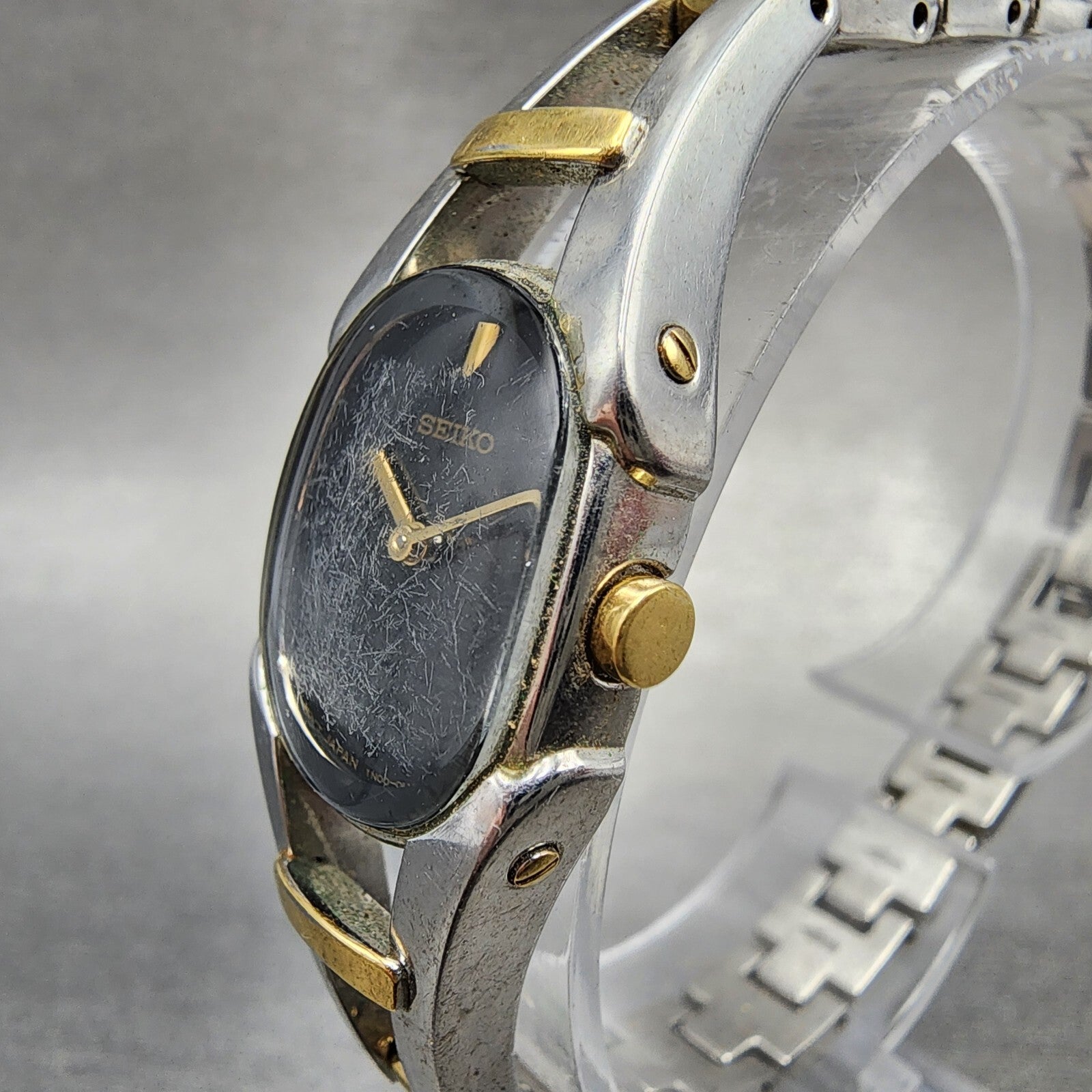 Seiko Watch Women 18mm Black Dial Two Tone Rectangle 1N000HG0 New Battery2