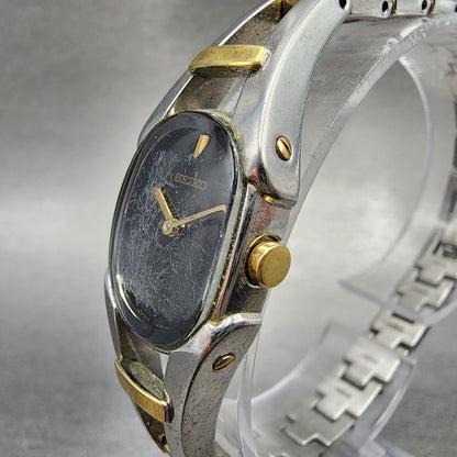 Seiko Watch Women 18mm Black Dial Two Tone Rectangle 1N000HG0 New Battery2