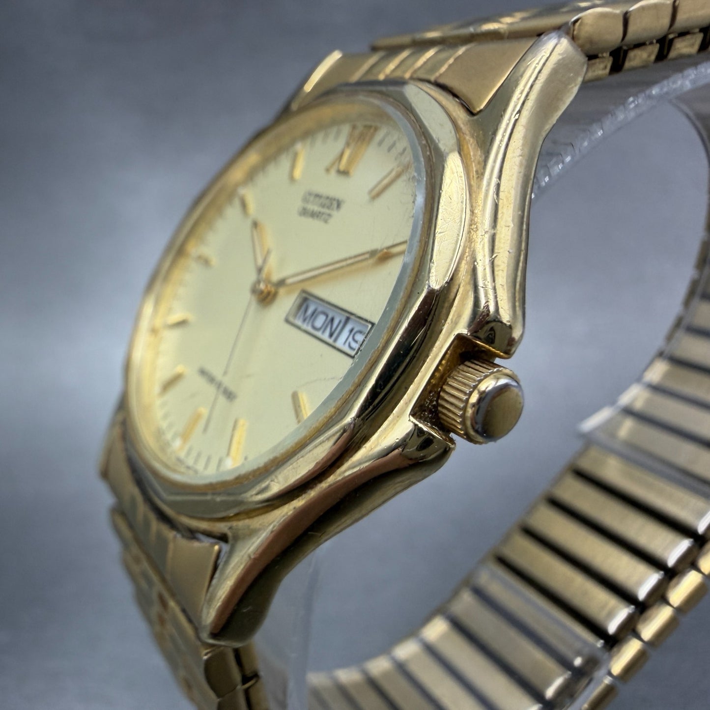 Citizen Watch Men 34mm Champagne Dial Gold Tone Daydate 5500-S24485 New Battey2