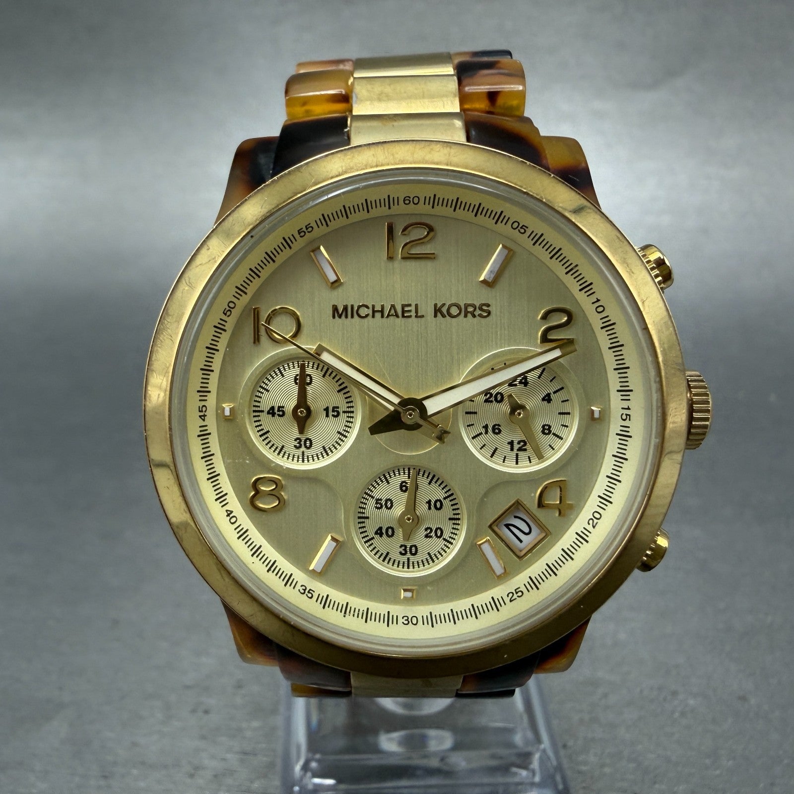 Michael Kors Runway Chrono Watch Women 38mm Champagne Dial Gold & Brown New Batt0