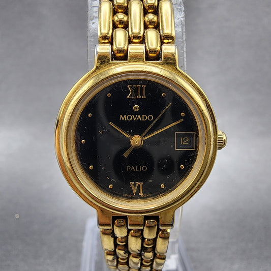 Movado Palio Watch Women 23mm Black Dial Gold Plated 81.34.822H New Battery0