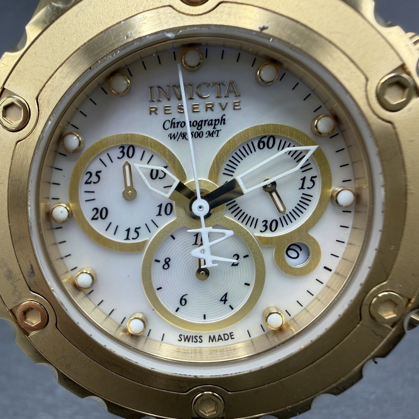 Invicta Reserve Chronograph Watch Men 44mm MOP Dial Gold Tone Date 0525 New Batt1