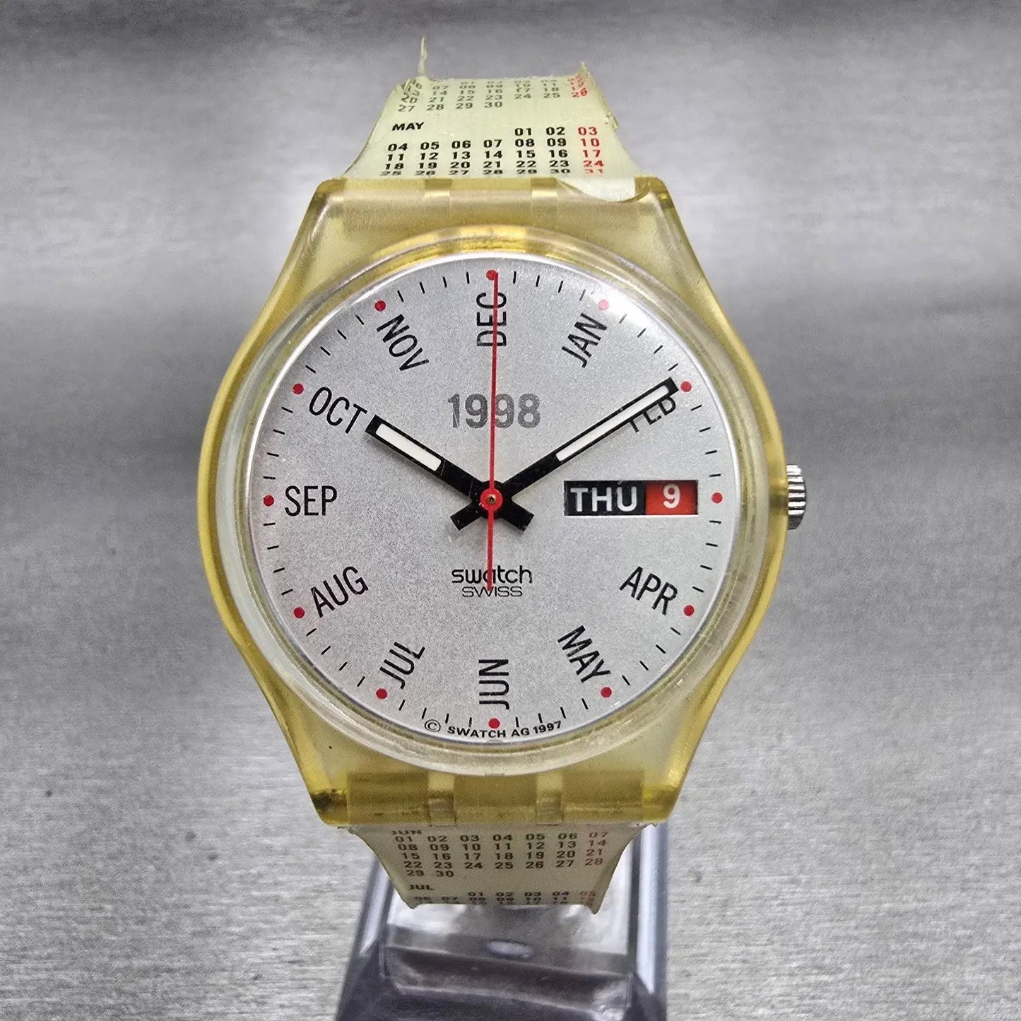 Swatch Gent CALENDARIUM Watch Men White Dial Clear Case Daydate GK726 New Batt0