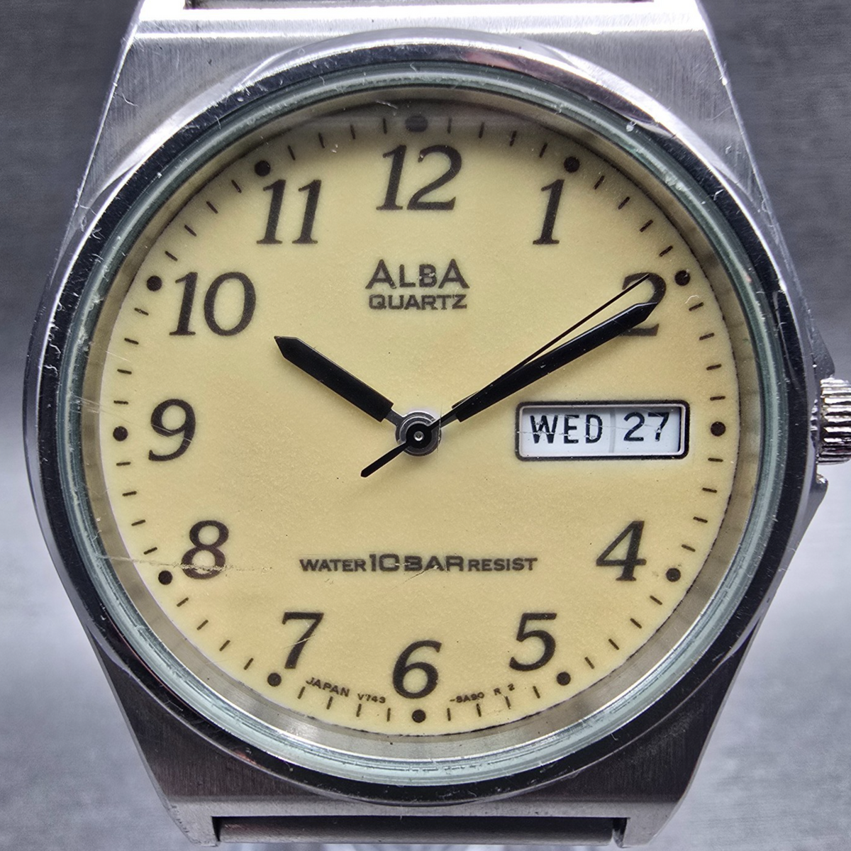 Seiko Alba Watch Men 36mm Luminous Dial Silver Tone Daydate V743-8A10 New Batt F1