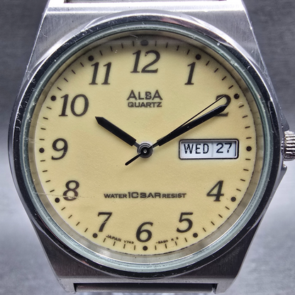 Seiko Alba Watch Men 36mm Luminous Dial Silver Tone Daydate V743-8A10 New Batt F1