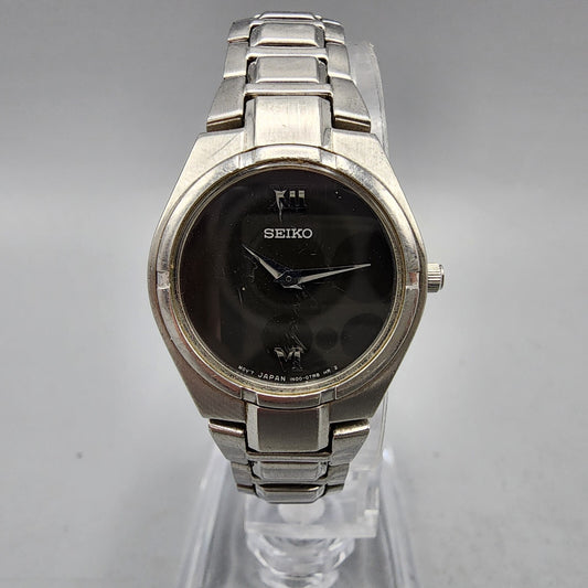 Seiko Watch Women 22mm Black Dial Silver Tone Round 1N00-0LS0 New Battery