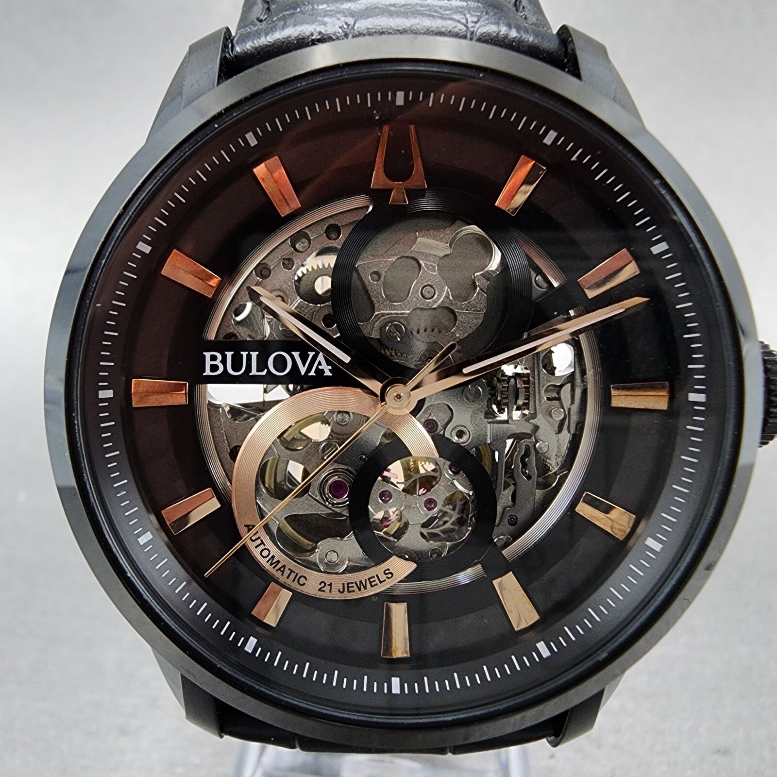 Bulova Sutton Watch Men 43mm Skeleton Dial Black Tone Round Automatic 98A283 B121