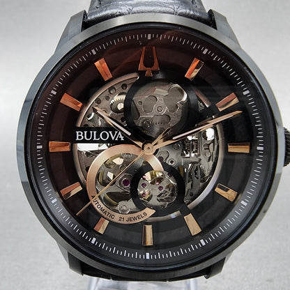 Bulova Sutton Watch Men 43mm Skeleton Dial Black Tone Round Automatic 98A283 B121