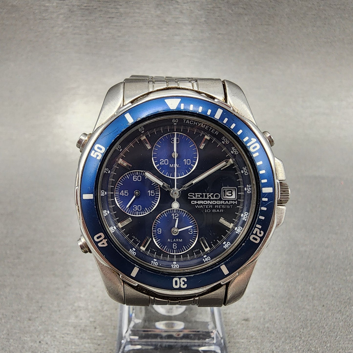 Seiko Chronograph Watch Men 40mm Blue Dial Steel Date Alarm Round New Battery