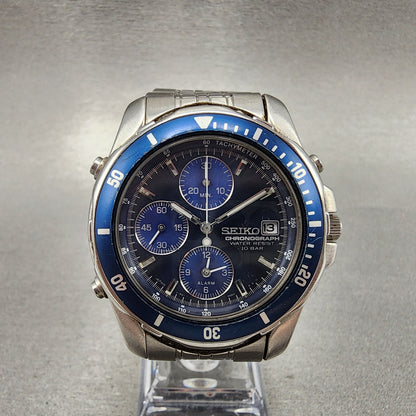 Seiko Chronograph Watch Men 40mm Blue Dial Steel Date Alarm Round New Battery