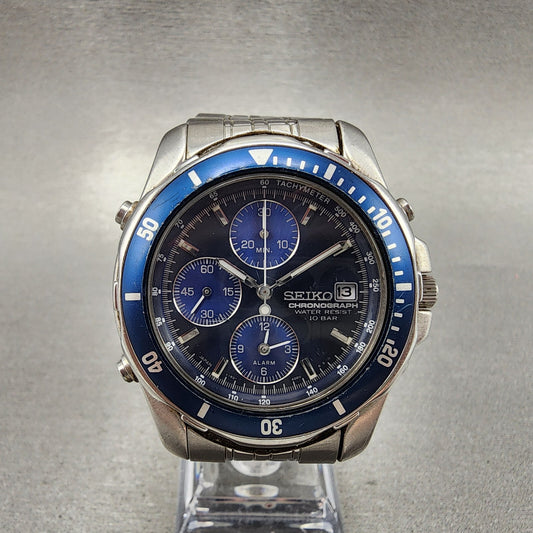 Seiko Chronograph Watch Men 40mm Blue Dial Steel Date Alarm Round New Battery