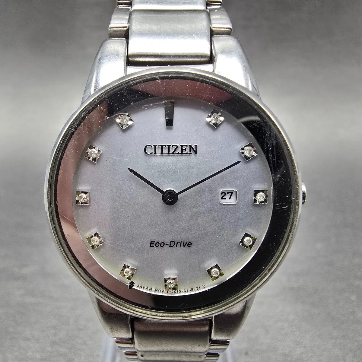 Citizen Eco-Drive Axiom Watch Women 30mm Silver Dial Steel Date Diamonds Works0
