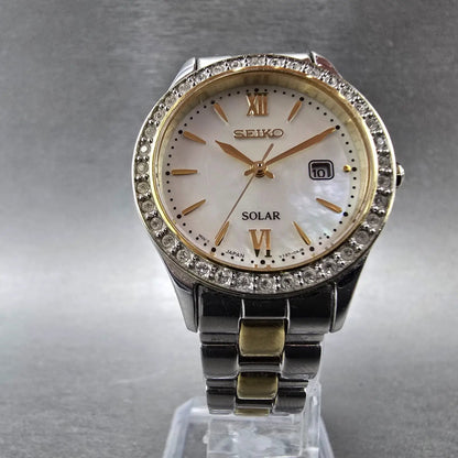 Seiko Solar Watch Women 28mm MOP Dial Two Tone Date Gemmed V137-0AA0 Works JP 875