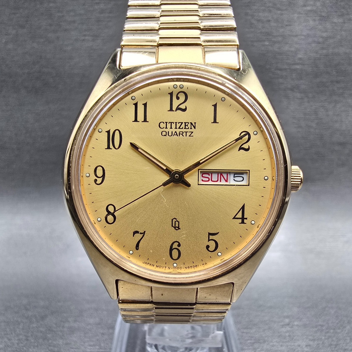 Citizen CQ Mens Watch 36mm Gold Dial Gold Tone Daydate 1100-S63812 New Battery0