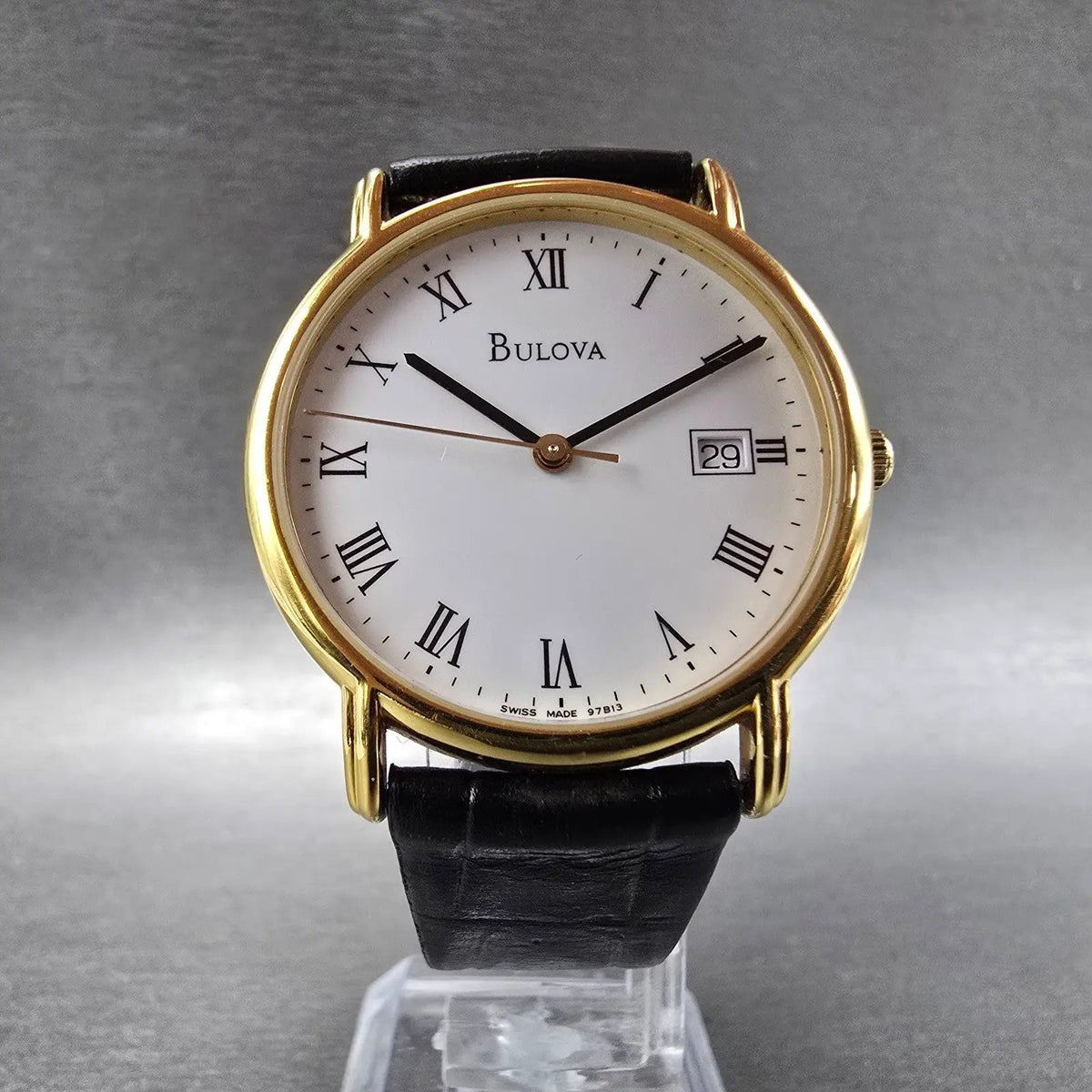 Bulova Watch Men 34mm White Dial Gold Date Round 97B13 Leather New Battery5
