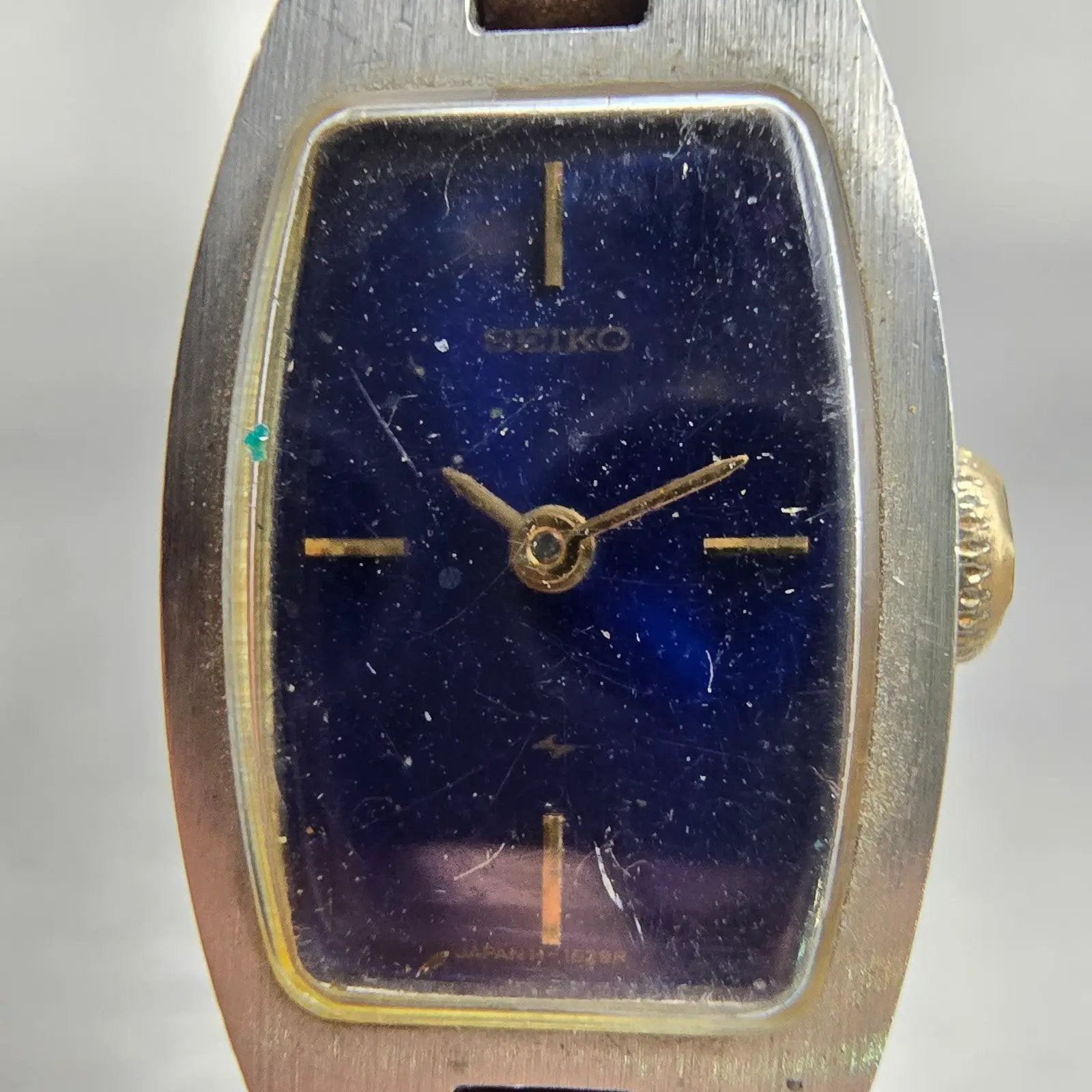 Seiko Watch Women 16mm Blue Dial Two Tone Rectangle Manual Wind 11-7509 Runs VTG1