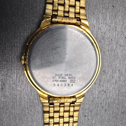 Seiko Watch Men 34mm Champagne Dial Gold Tone Round V701-6K69 New Battery VTG10
