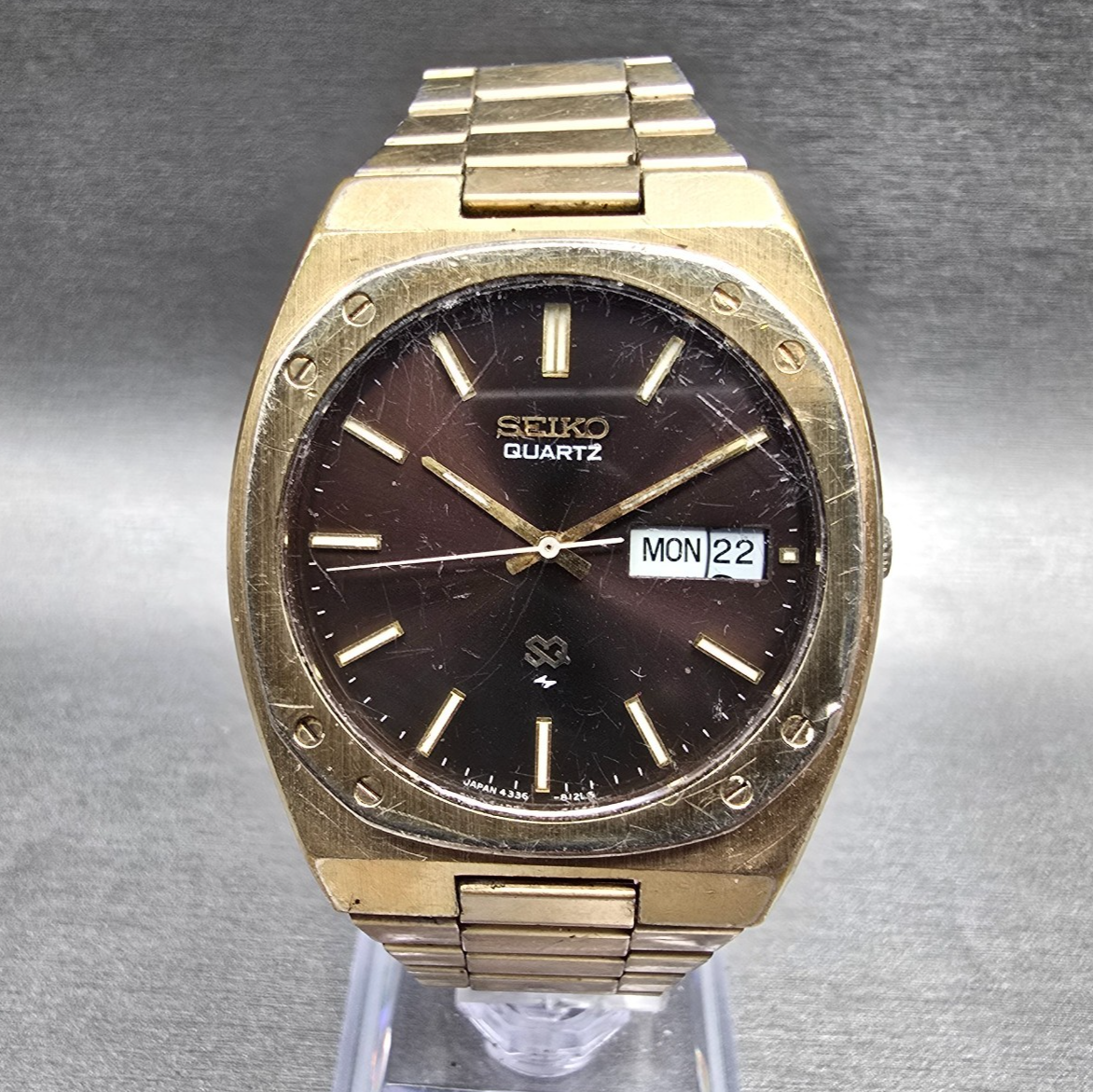 Seiko SQ Watch Men 36mm Brown Dial Gold Tone Daydate 4336-8129 New Battery0