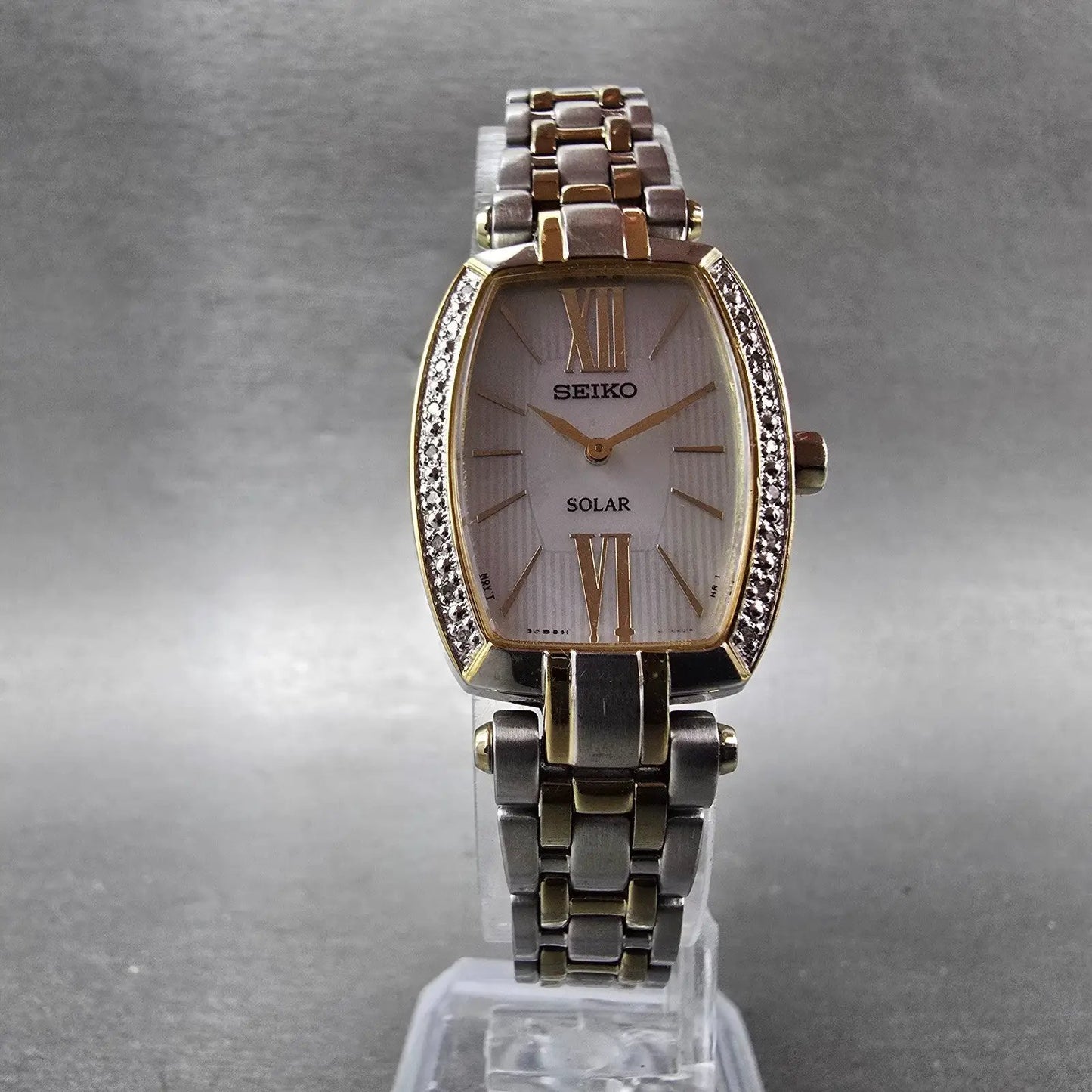 Seiko Solar Watch Women 22mm MOP Dial Two Tone Rectangle Diamonds Works BFSOK5