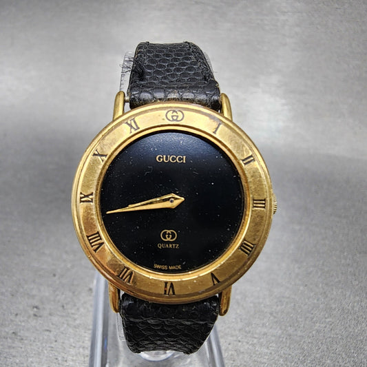 Gucci 3000L Watch Women 26mm Black Dial Gold Plated Round NO CRYSTAL PARTS0