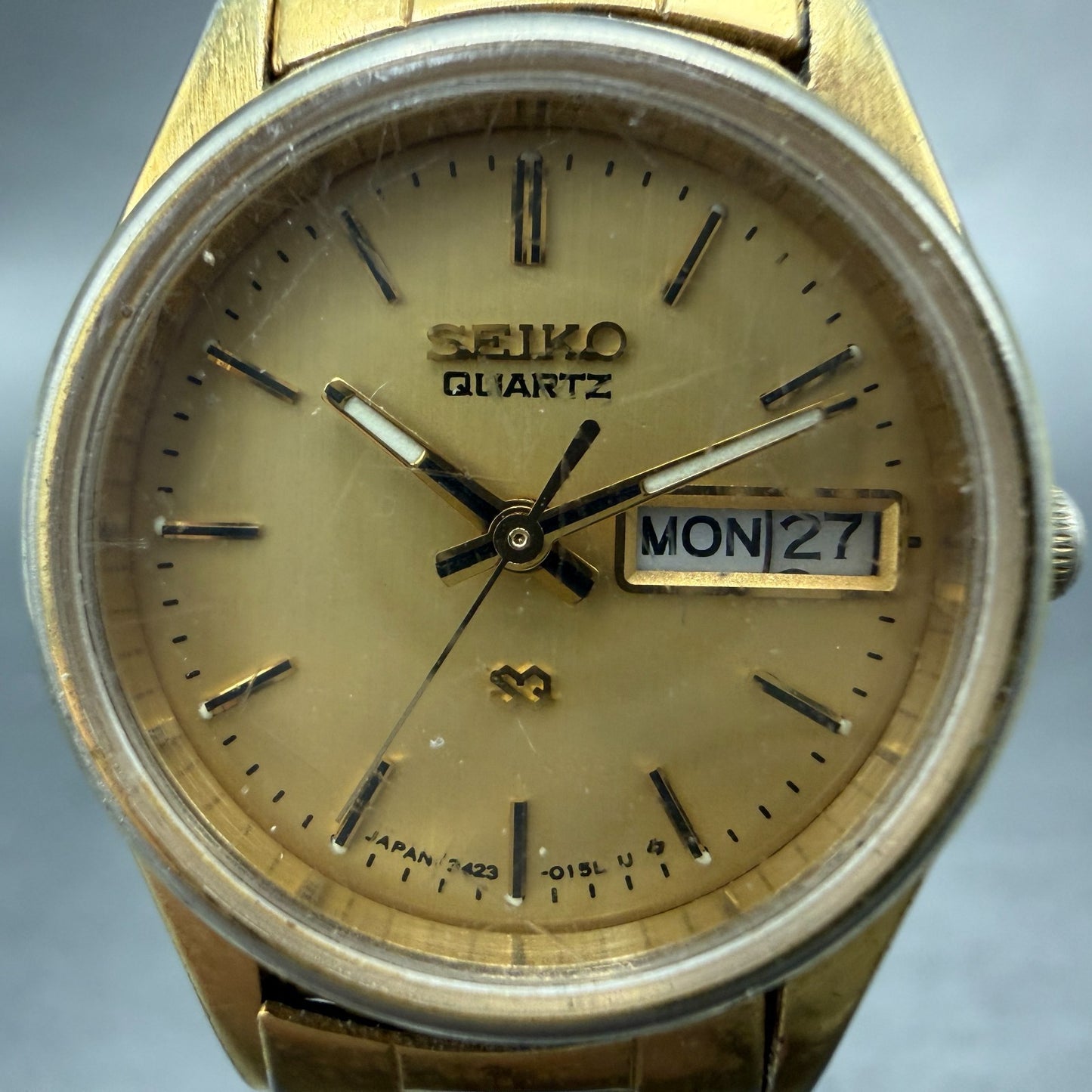 Seiko SQ Watch Women 24mm Gold Dial Gold Tone Daydate Round 3423-0099 New Batt 61